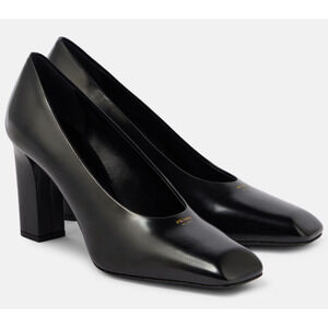 Prada 85mm Black Brushed Leather Gold Logo Show Classic Block Heel Pump 38.5